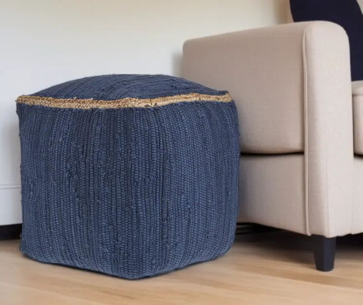 18" Indigo Cotton And Jute Cube Pouf Ottoman