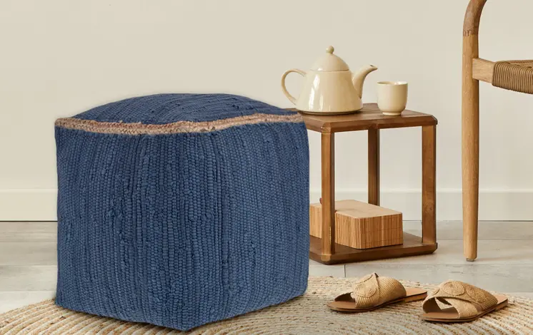 18" Indigo Cotton And Jute Cube Pouf Ottoman