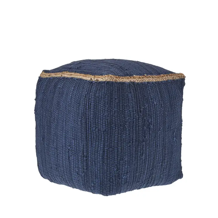18" Indigo Cotton And Jute Cube Pouf Ottoman