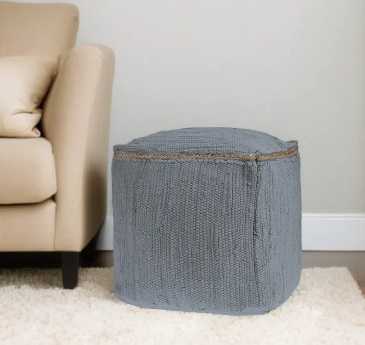 18" Dark Gray And Natural Cotton And Jute Cube Pouf Ottoman