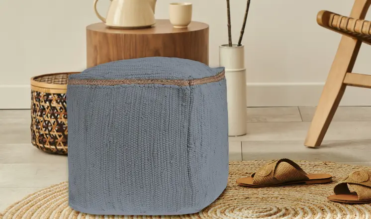 18" Dark Gray And Natural Cotton And Jute Cube Pouf Ottoman