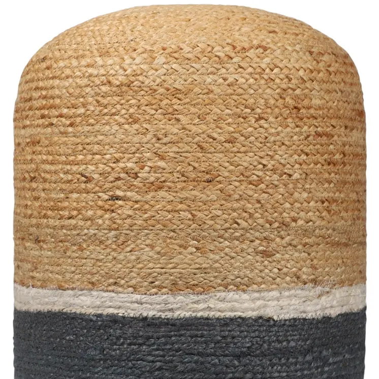 18" Natural And Gray Jute Blend Cylinder Striped Pouf Ottoman