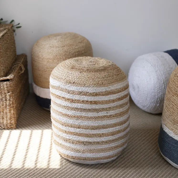 18" Natural And Gray Jute Blend Cylinder Striped Pouf Ottoman