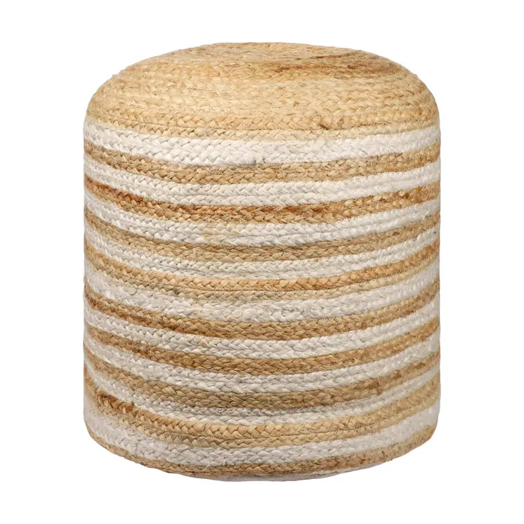 18" Natural And White Jute Blend Cylinder Striped Pouf Ottoman
