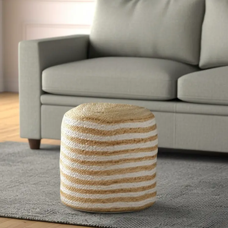 18" Natural And White Jute Blend Cylinder Striped Pouf Ottoman