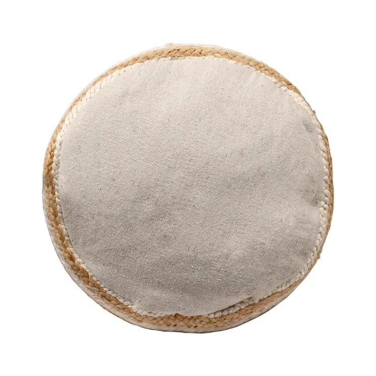 18" Natural And White Jute Blend Cylinder Striped Pouf Ottoman