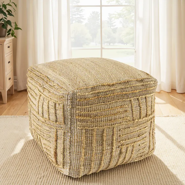 18" Natural Jute Blend Cube Striped Pouf Ottoman