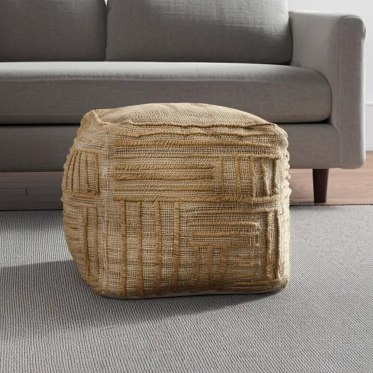 18" Natural Jute Blend Cube Striped Pouf Ottoman