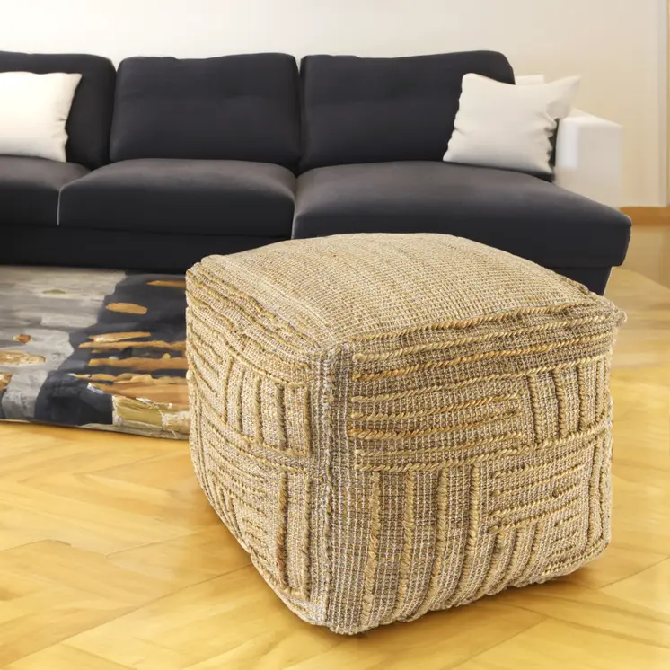 18" Natural Jute Blend Cube Striped Pouf Ottoman