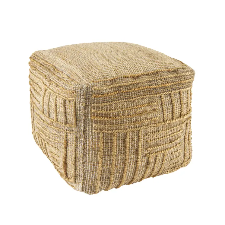 18" Natural Jute Blend Cube Striped Pouf Ottoman