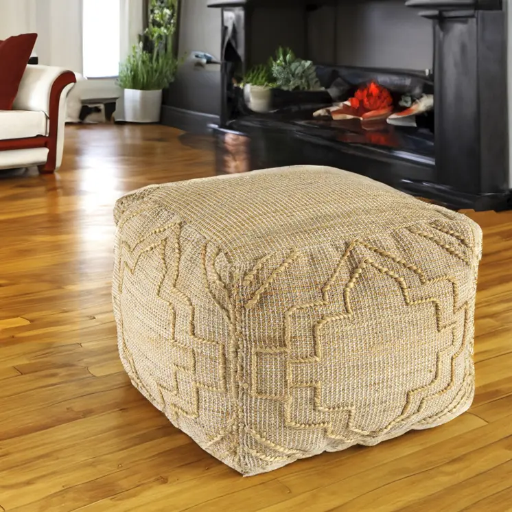 18" Natural Jute Blend Cube Quatrefoil Pouf Ottoman