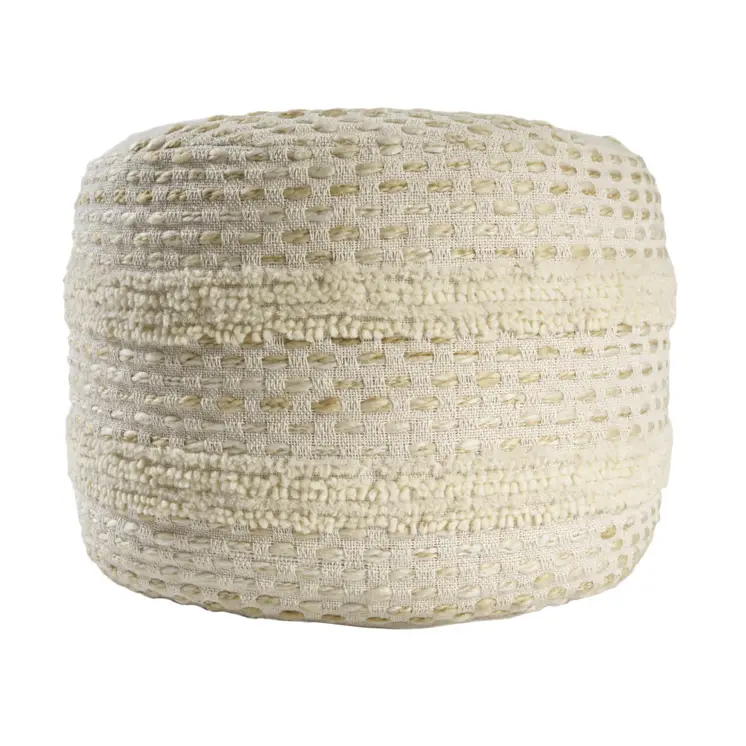 18" Natural And Ivory Cotton Blend Round Striped Pouf Ottoman