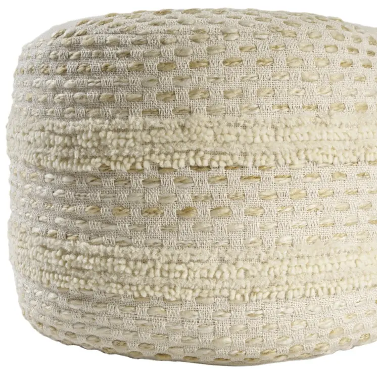 18" Natural And Ivory Cotton Blend Round Striped Pouf Ottoman