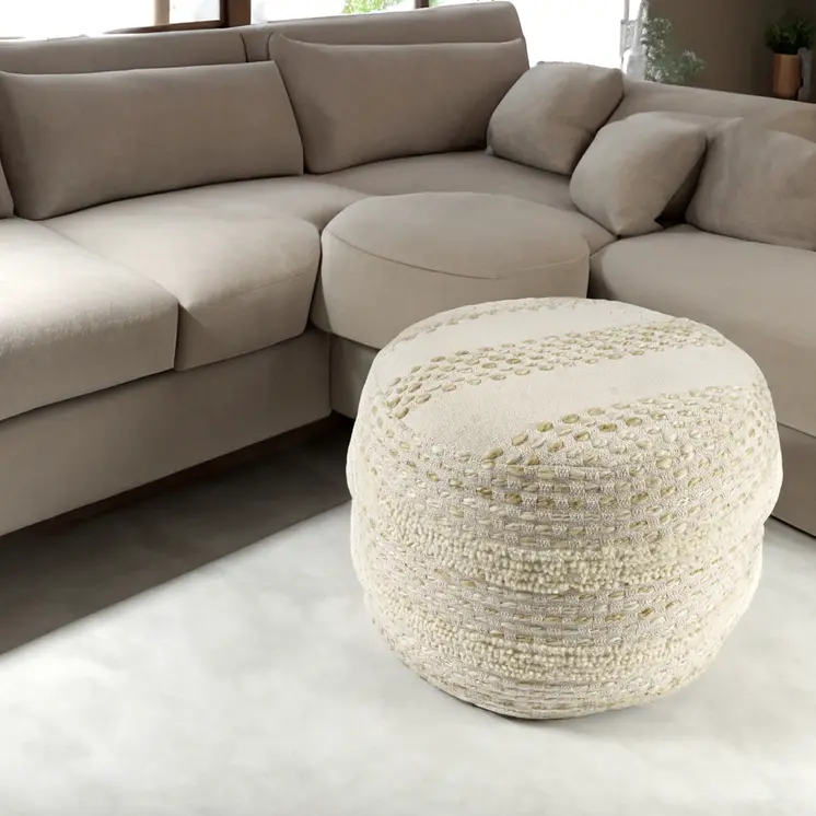 18" Natural And Ivory Cotton Blend Round Striped Pouf Ottoman