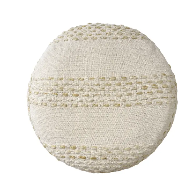 18" Natural And Ivory Cotton Blend Round Striped Pouf Ottoman