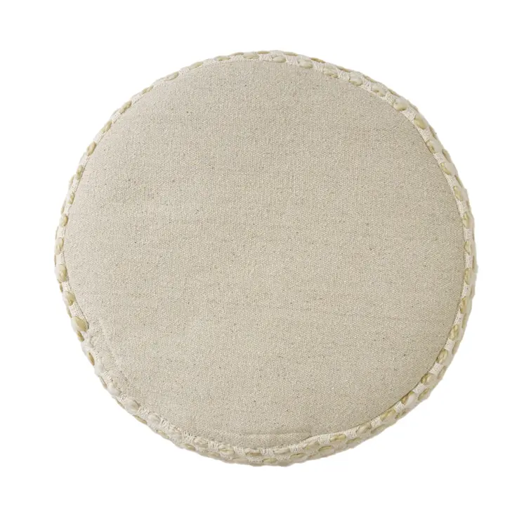 18" Natural And Ivory Cotton Blend Round Striped Pouf Ottoman