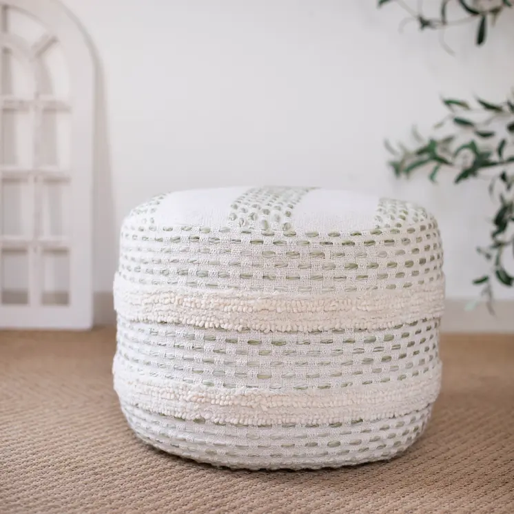 18" Natural And Ivory Cotton Blend Round Striped Pouf Ottoman