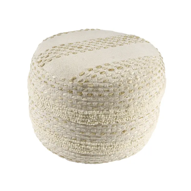 18" Natural And Ivory Cotton Blend Round Striped Pouf Ottoman