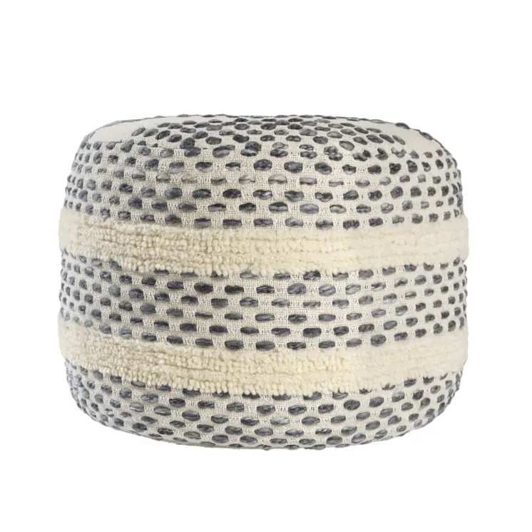 18" Ivory And Blue Cotton Blend Round Striped Pouf Ottoman