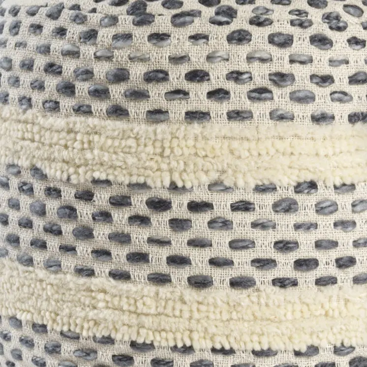 18" Ivory And Blue Cotton Blend Round Striped Pouf Ottoman