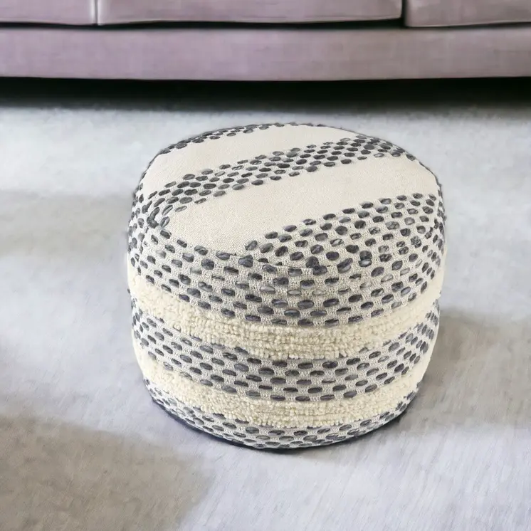 18" Ivory And Blue Cotton Blend Round Striped Pouf Ottoman
