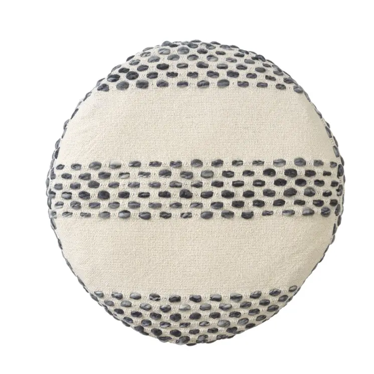 18" Ivory And Blue Cotton Blend Round Striped Pouf Ottoman