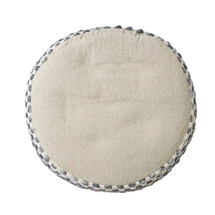 18" Ivory And Blue Cotton Blend Round Striped Pouf Ottoman