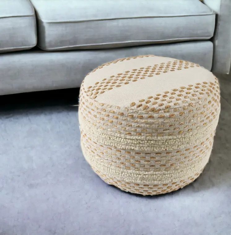 18" Ivory And Brown Cotton Blend Round Striped Pouf Ottoman