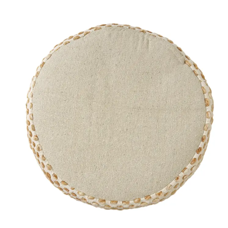 18" Ivory And Brown Cotton Blend Round Striped Pouf Ottoman