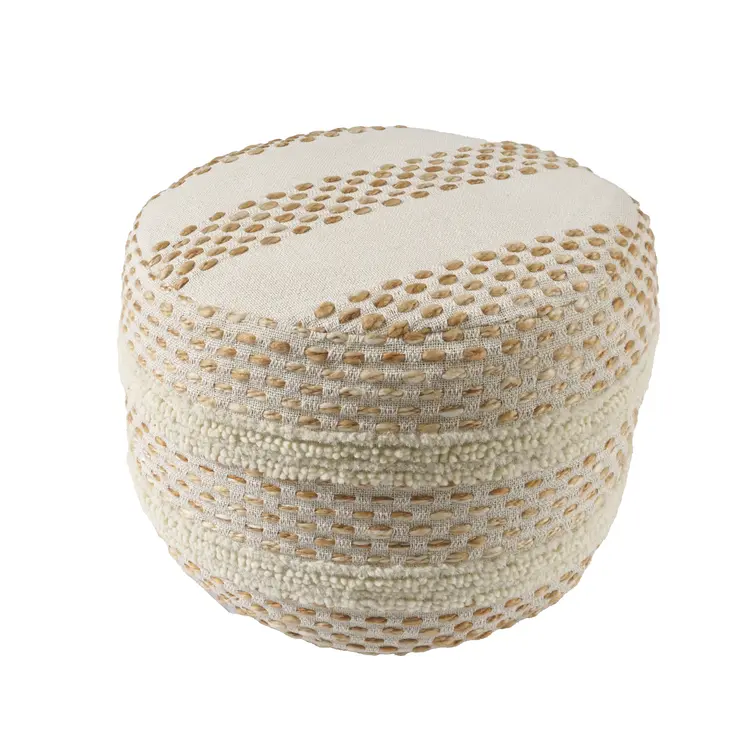 18" Ivory And Brown Cotton Blend Round Striped Pouf Ottoman