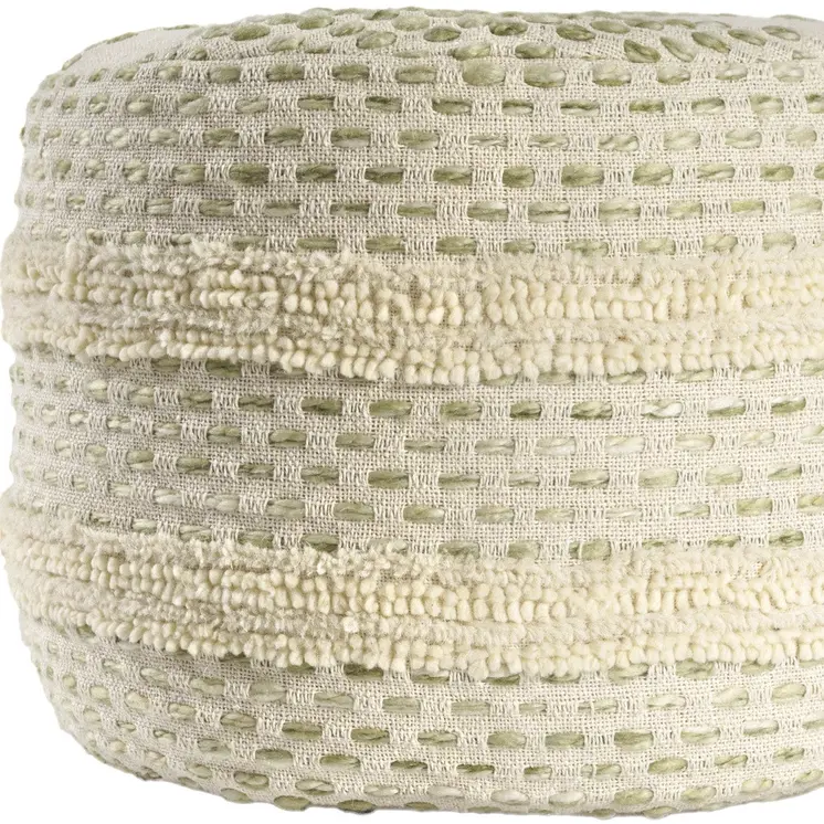 18" Ivory And Green Cotton Blend Round Striped Pouf Ottoman