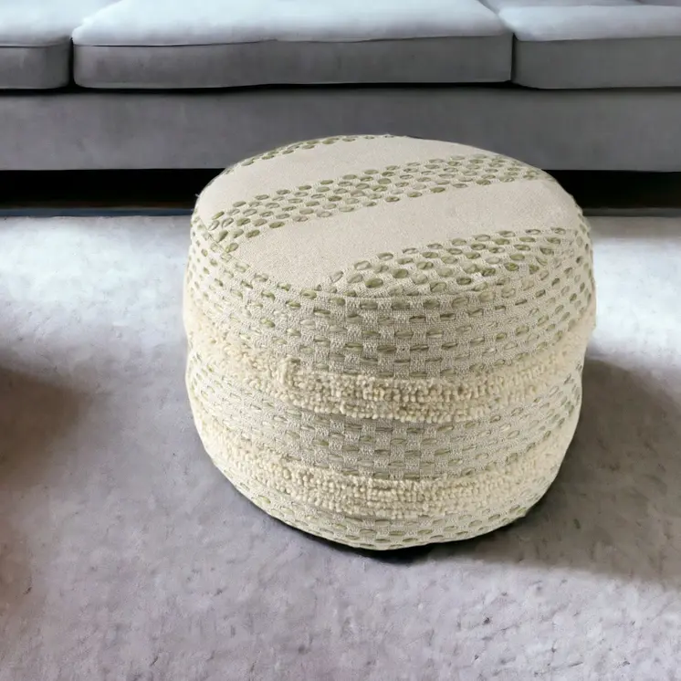 18" Ivory And Green Cotton Blend Round Striped Pouf Ottoman