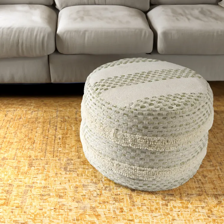 18" Ivory And Green Cotton Blend Round Striped Pouf Ottoman
