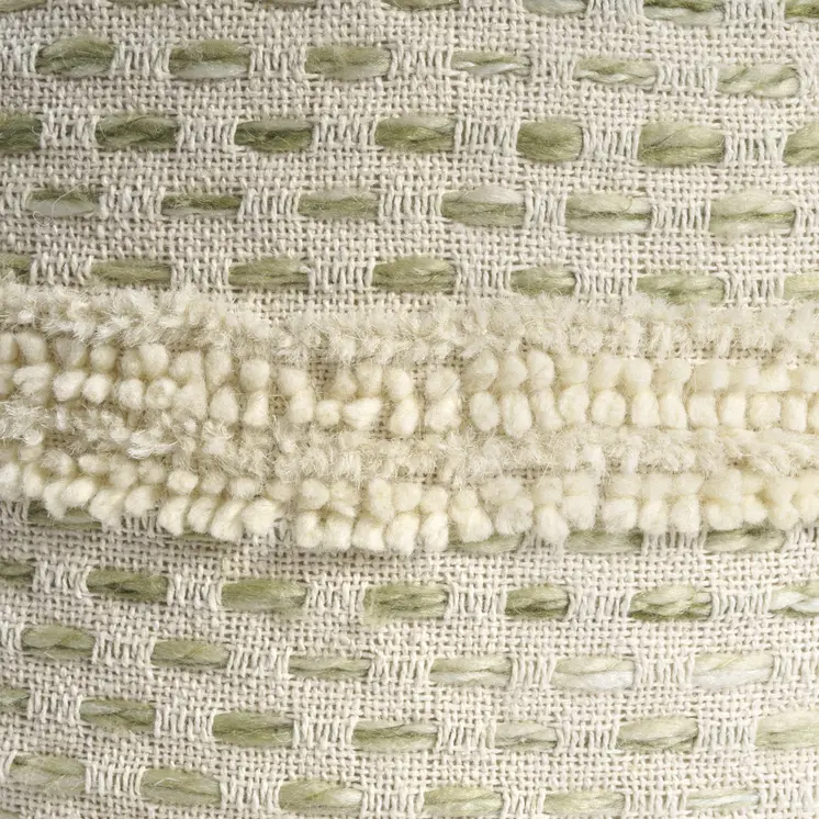 18" Ivory And Green Cotton Blend Round Striped Pouf Ottoman