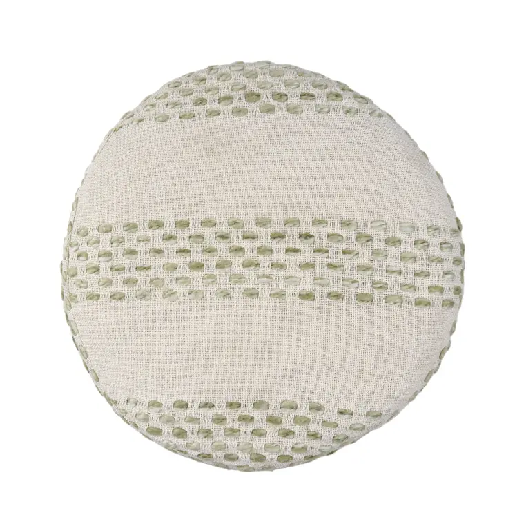 18" Ivory And Green Cotton Blend Round Striped Pouf Ottoman