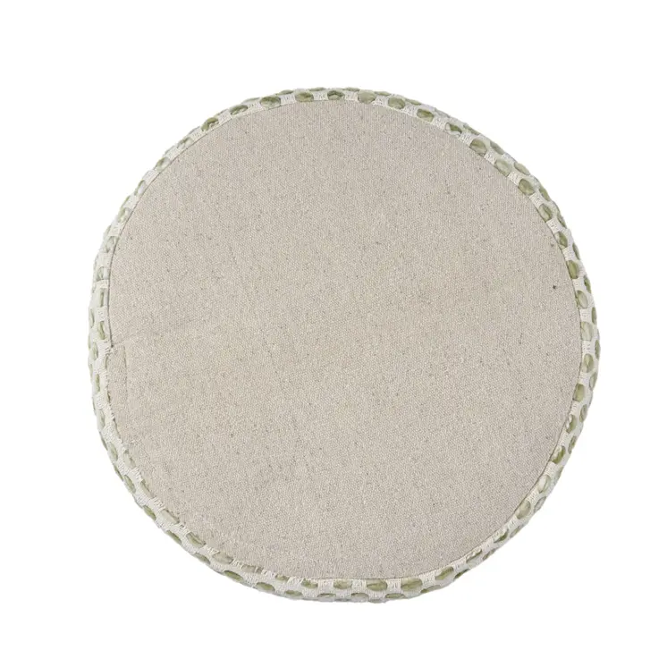 18" Ivory And Green Cotton Blend Round Striped Pouf Ottoman