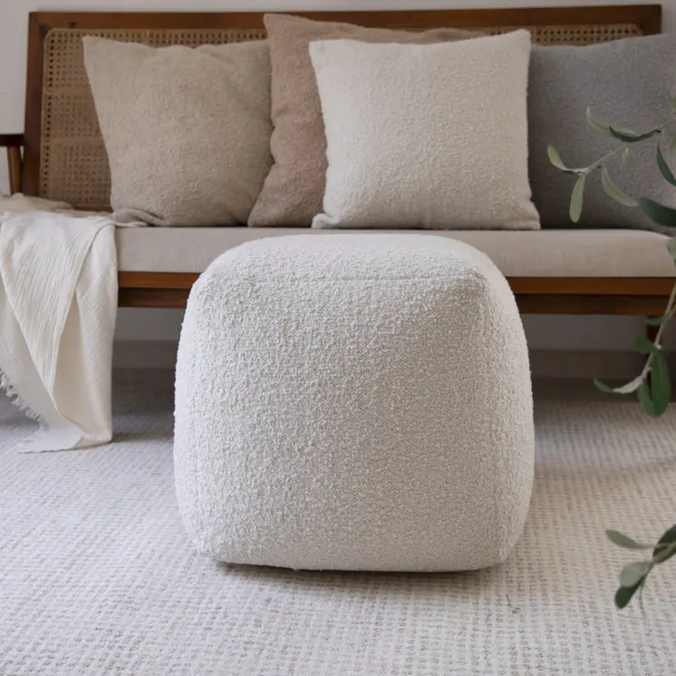 18" Ivory Polyester Cube Outdoor Pouf Ottoman