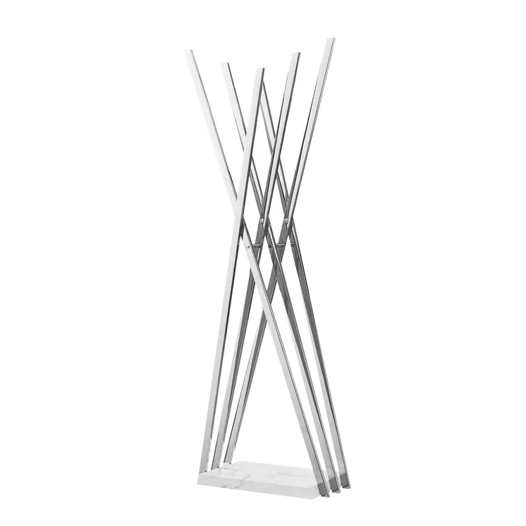 65" Silver And White Metal And Marble Six Hook Freestanding Coat Rack