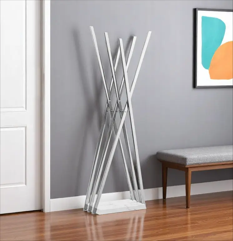 65" Silver And White Metal And Marble Six Hook Freestanding Coat Rack
