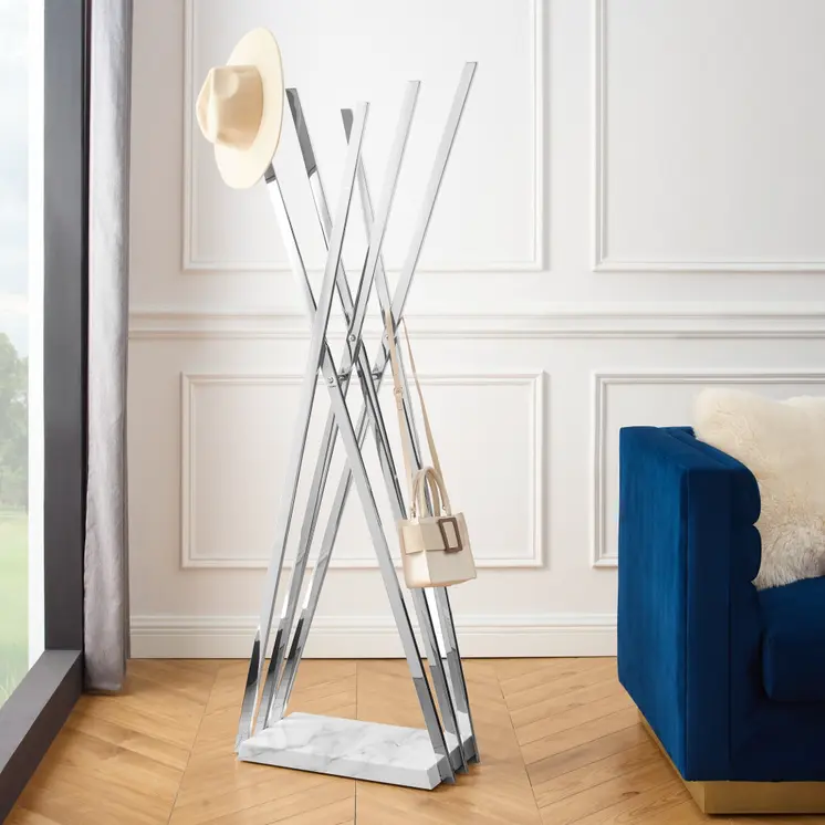 65" Silver And White Metal And Marble Six Hook Freestanding Coat Rack