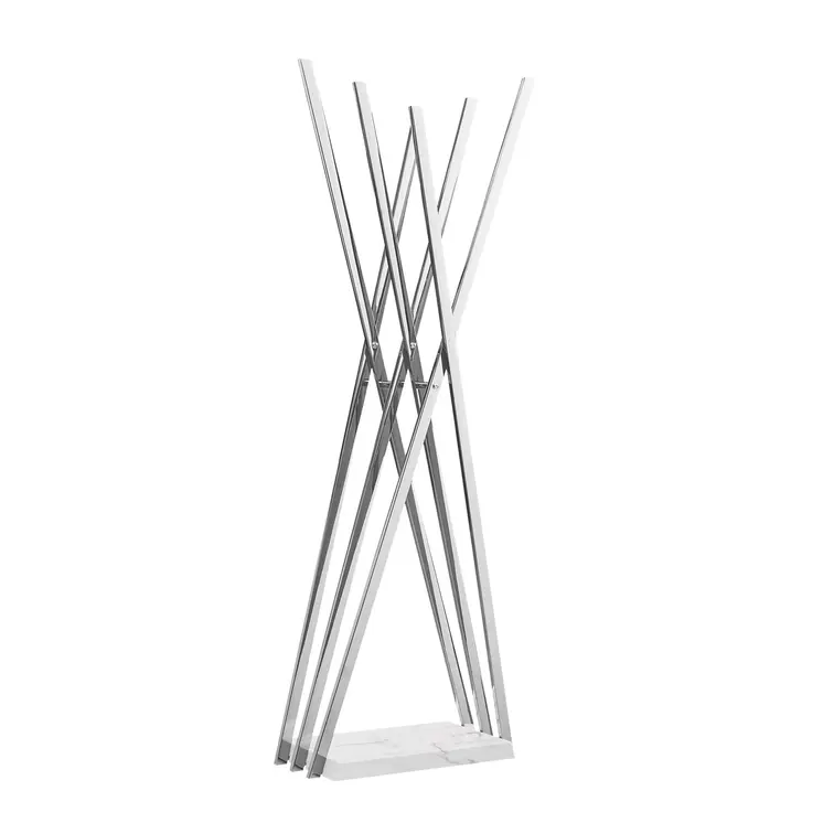65" Silver And White Metal And Marble Six Hook Freestanding Coat Rack