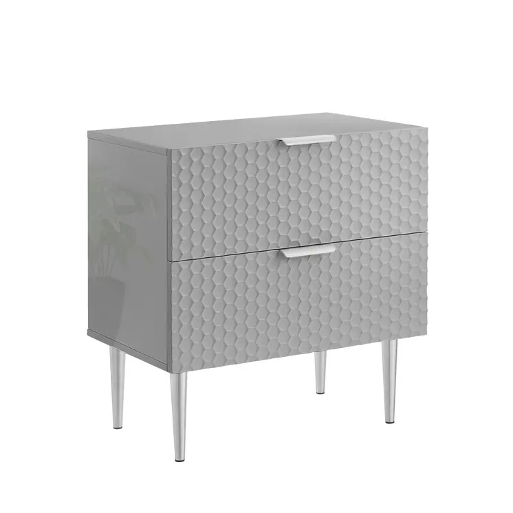 24" Gray And Silver Wood And Stainless Steel End Table With Two Drawers