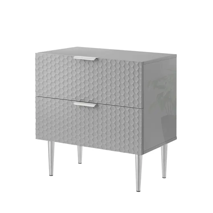 24" Gray And Silver Wood And Stainless Steel End Table With Two Drawers
