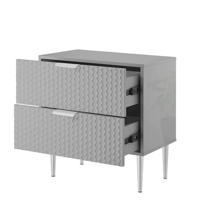 24" Gray And Silver Wood And Stainless Steel End Table With Two Drawers