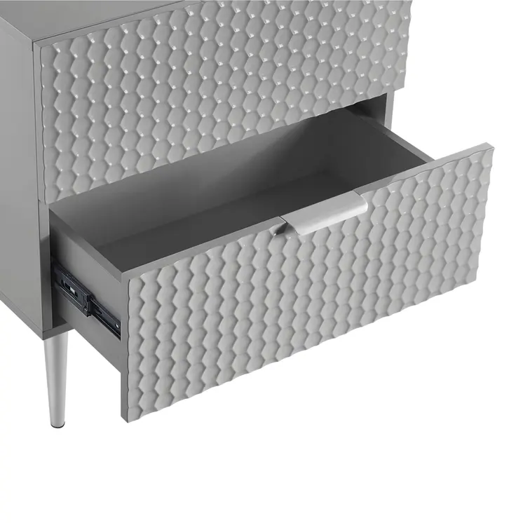 24" Gray And Silver Wood And Stainless Steel End Table With Two Drawers