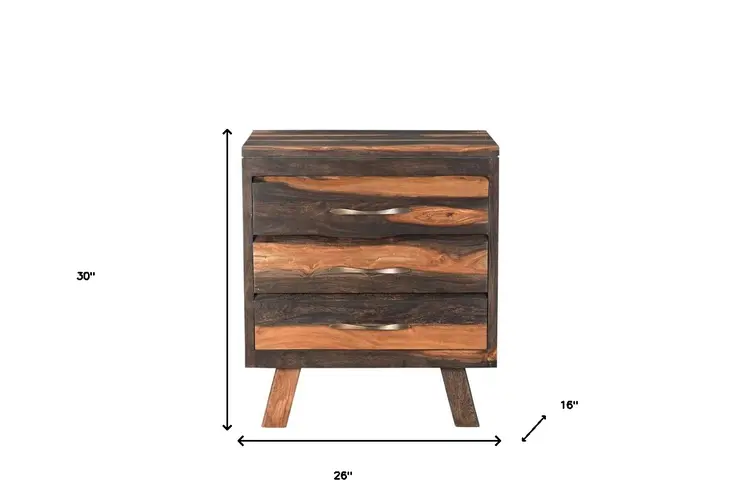 30" Dark Brown Solid Wood Three Drawer Nightstand