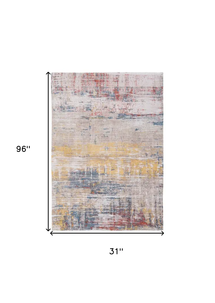 10' White Abstract Runner Rug