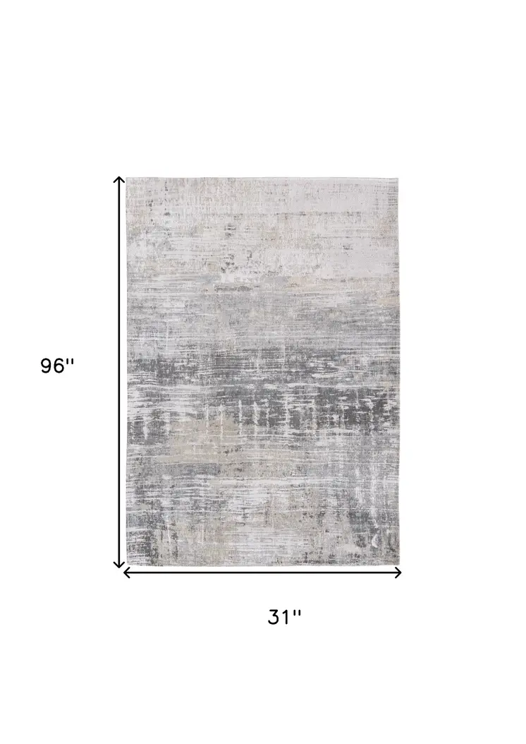 10' Gray And White Abstract Runner Rug