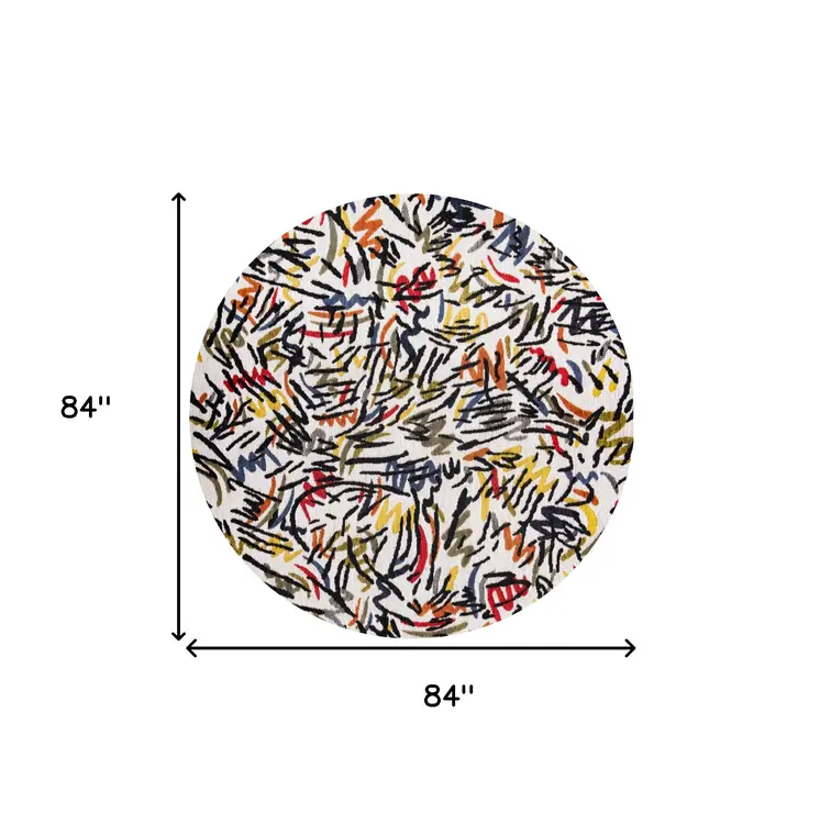 8' White Round Abstract Non Skid Area Rug