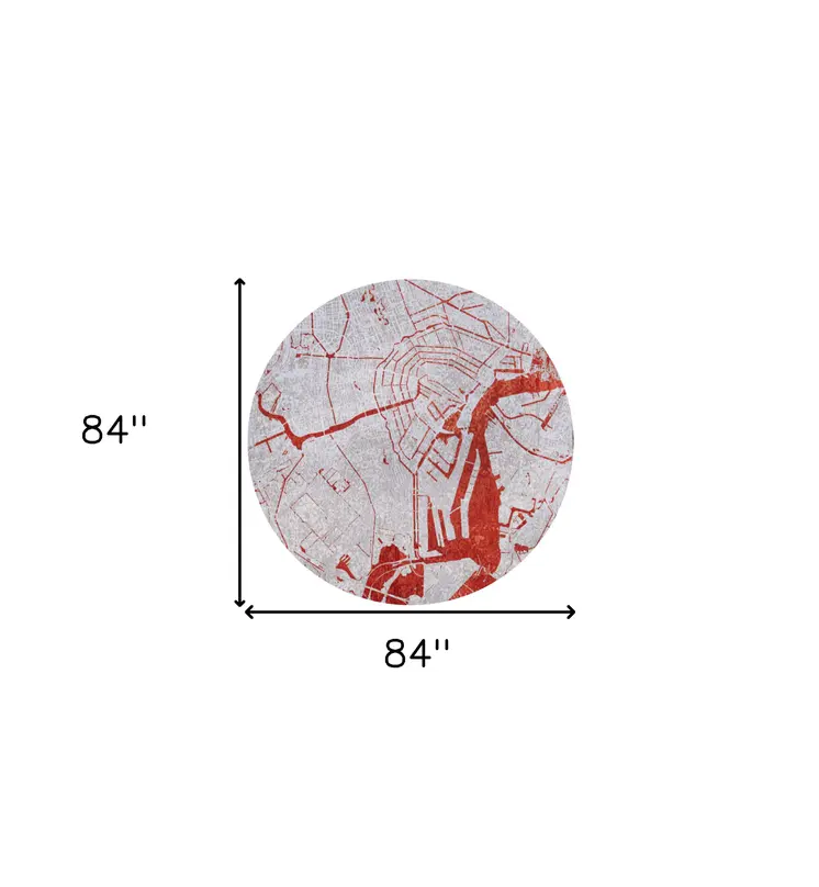 8' Red and White Round Abstract Non Skid Area Rug
